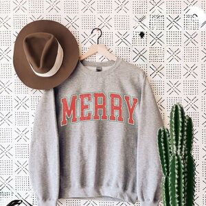 NWOT Gray Sweatshirt w/ Red /Green Merry' Print